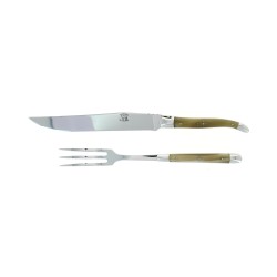 Service à découper, en corne claire, mitres inox, finition brillante