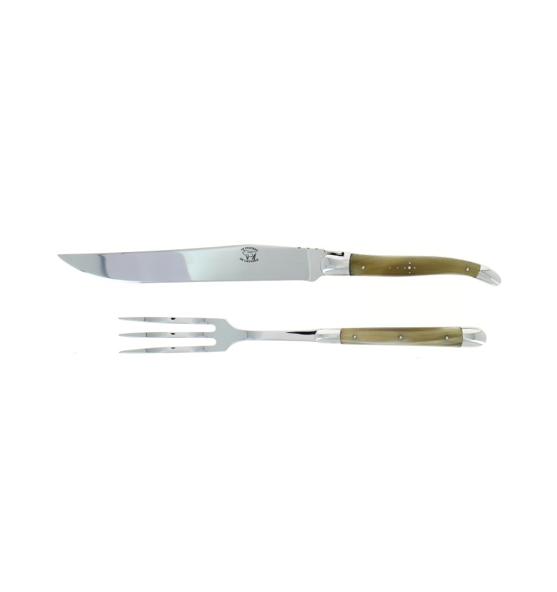 Service à découper, en corne claire, mitres inox, finition brillante