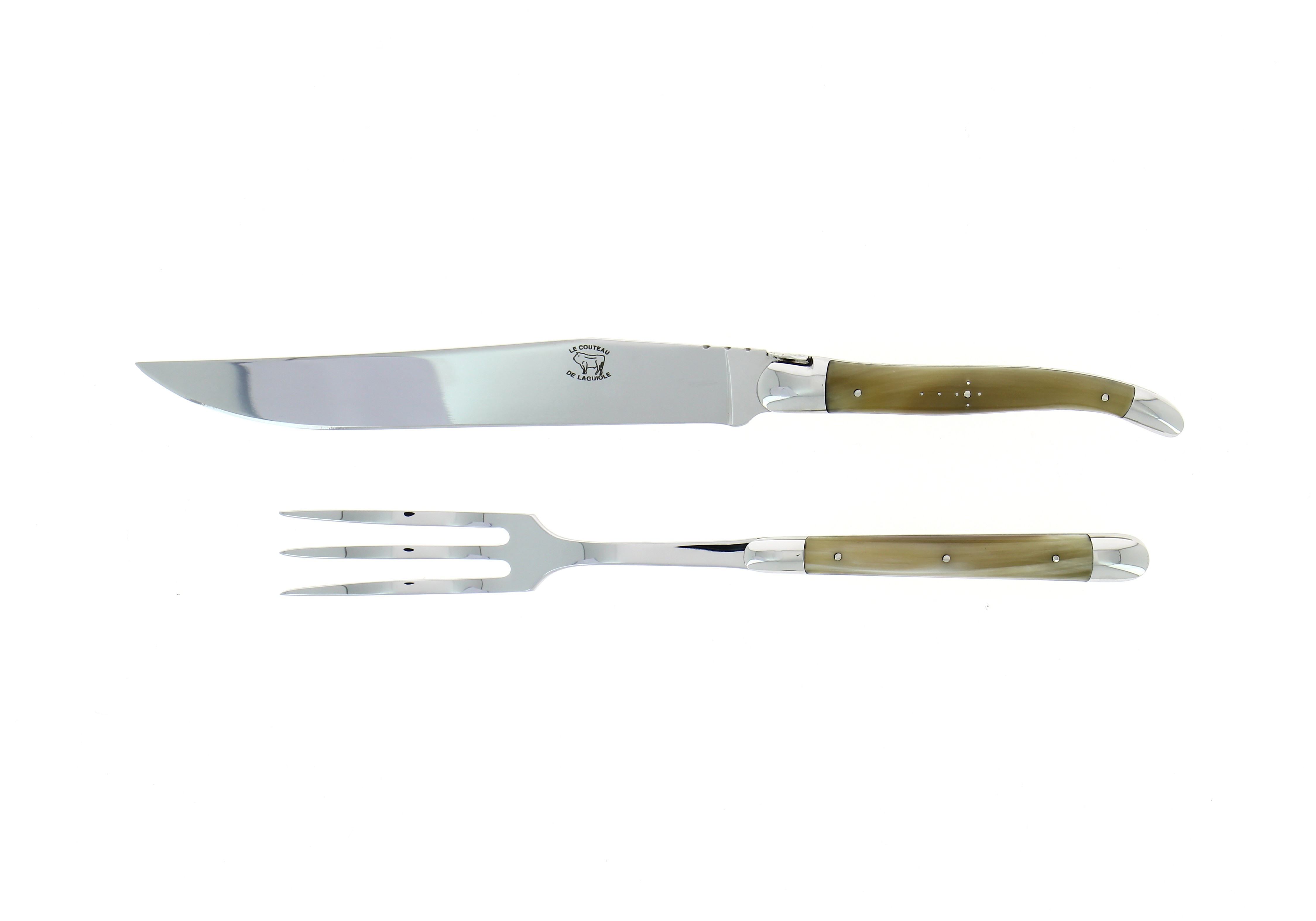 Service à découper, en corne claire, mitres inox, finition brillante