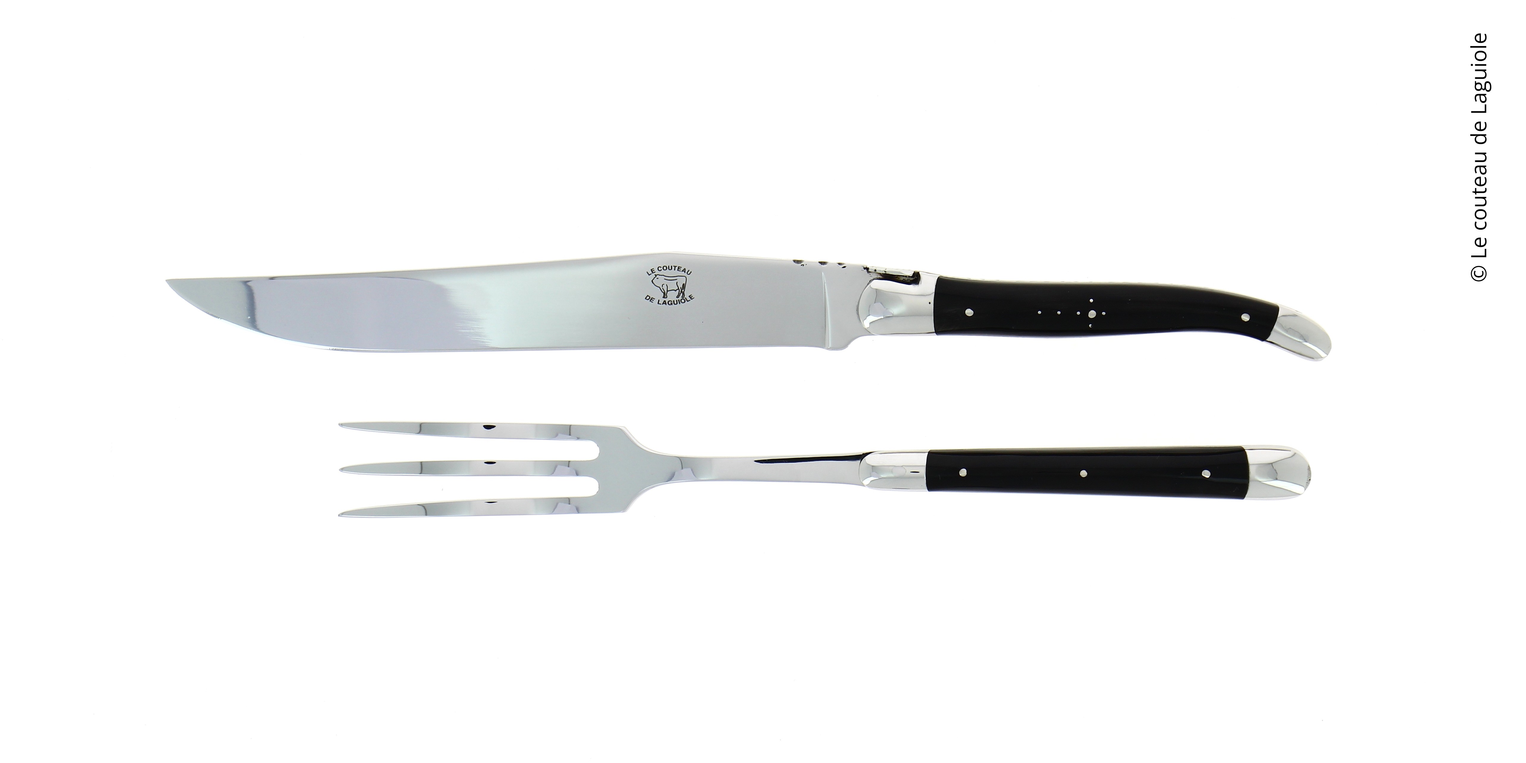 Service à découper, en corne foncée, mitres inox, finition brillante
