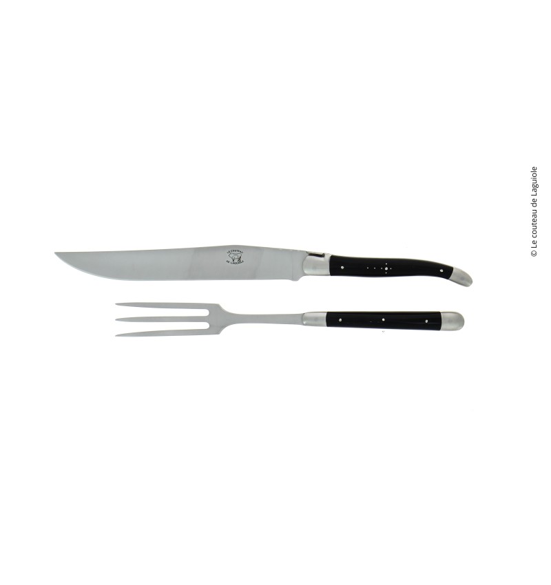 Service à découper, en corne foncée, mitres inox, finition satinée