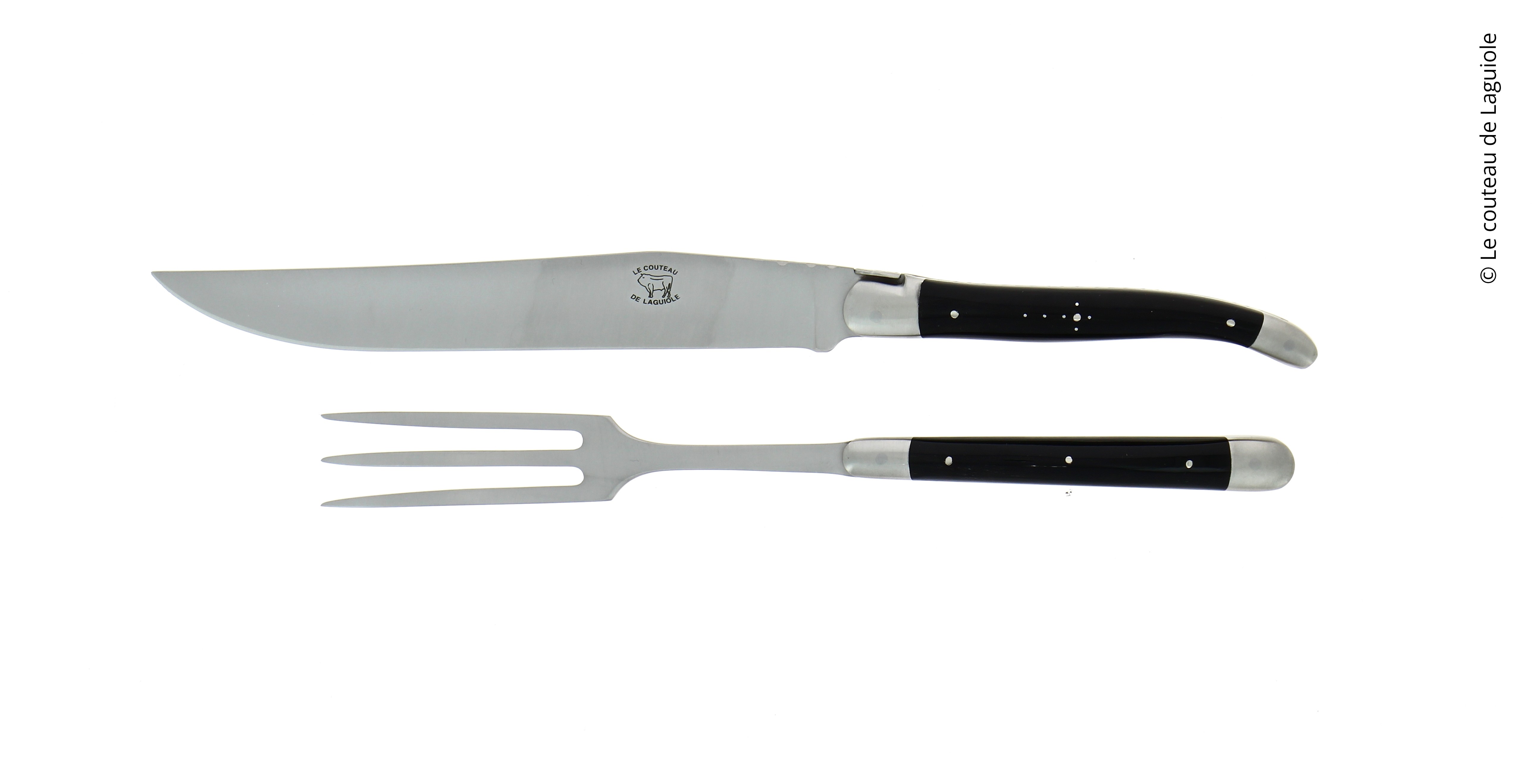 Service à découper, en corne foncée, mitres inox, finition satinée