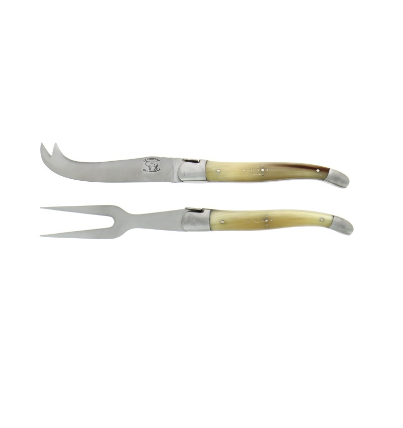 Service à fromage, en pointe de corne claire, mitres inox, finition satinée