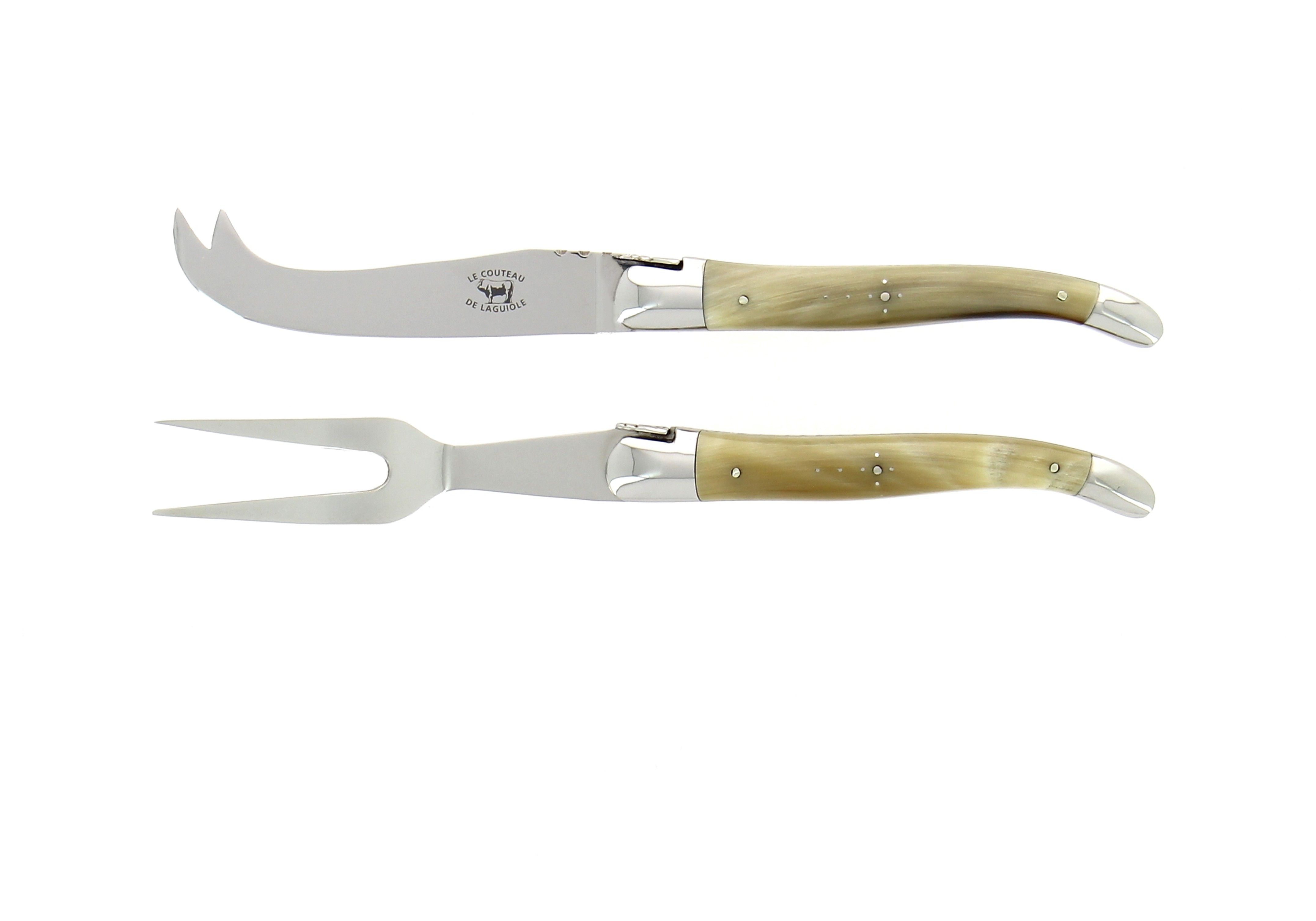 Service à fromage, en pointe de corne claire, mitres inox, finition brillante