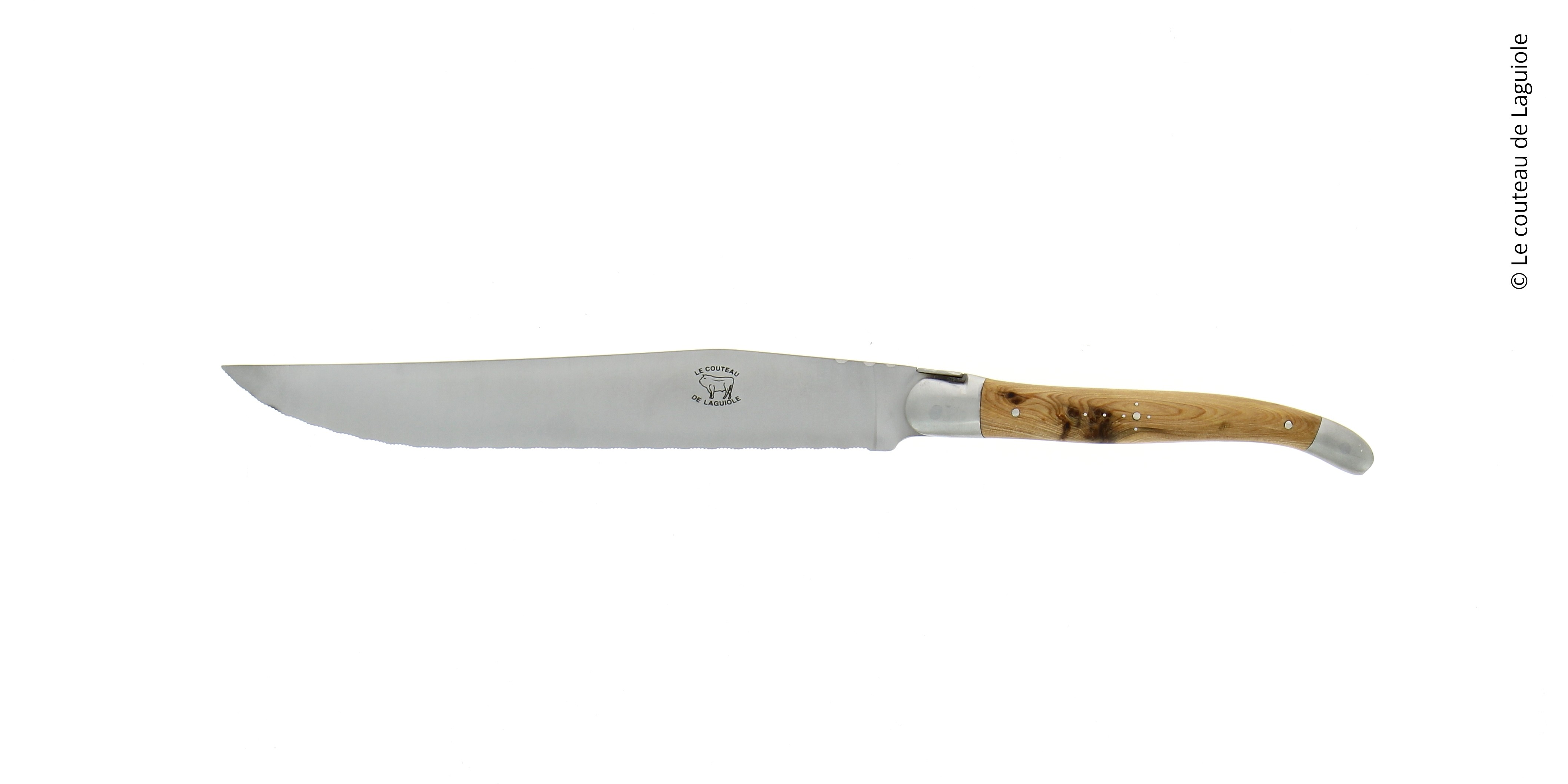 Couteau à pain, en genévrier, mitres inox, finition satinée
