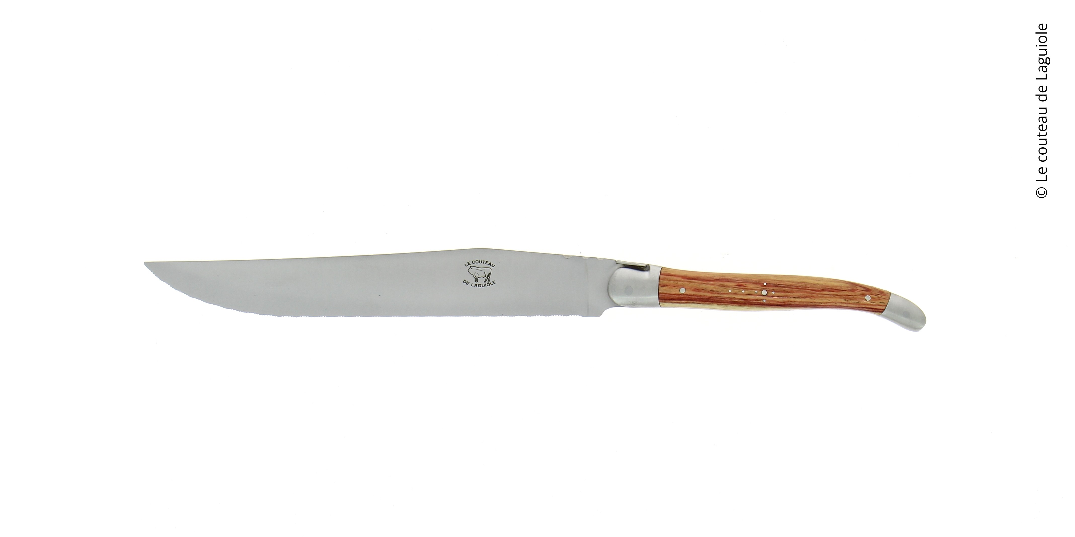 Couteau à pain, en bois de rose, mitres inox, finition satinée