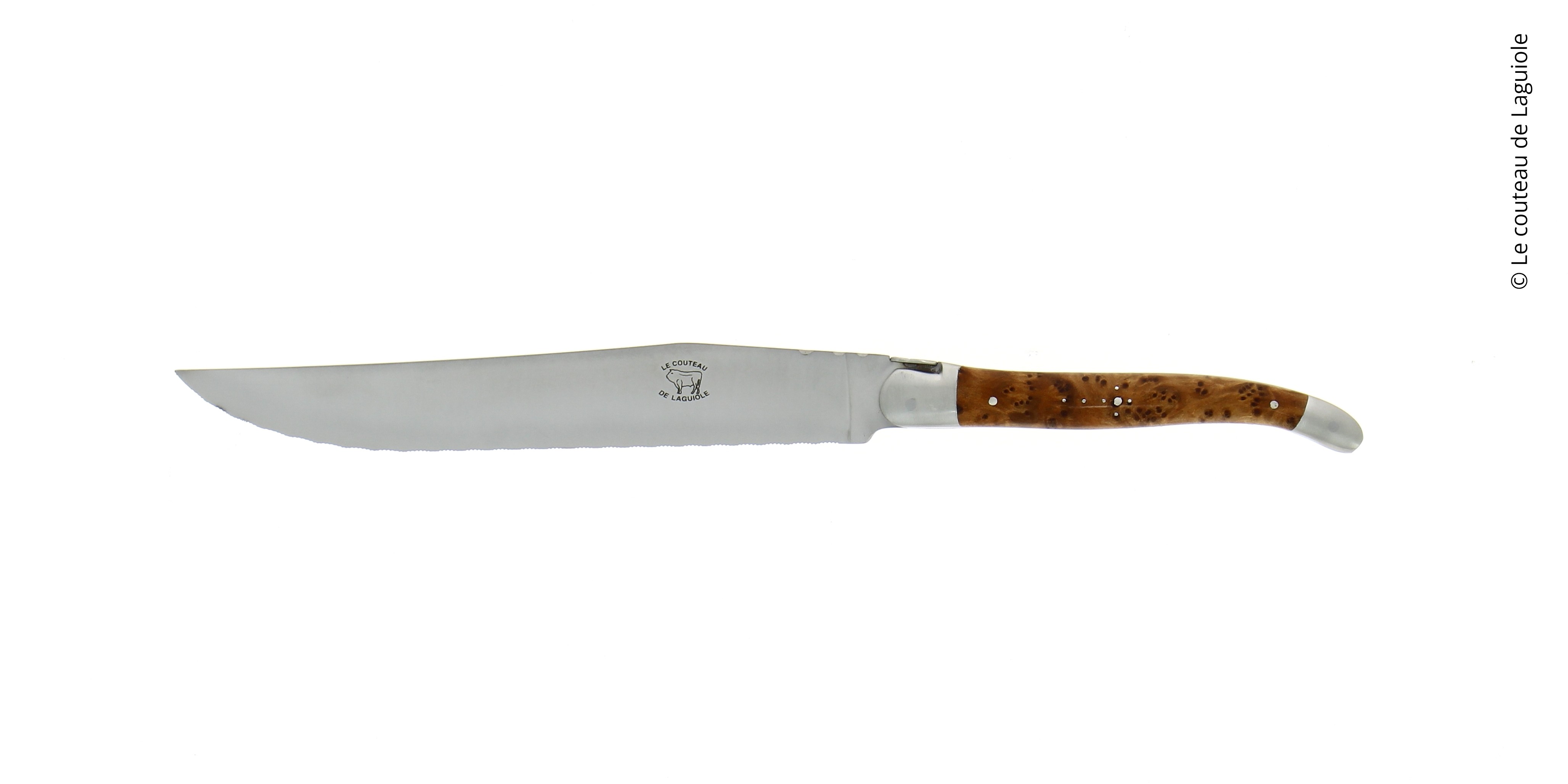 Couteau à pain, en thuya, mitres inox, finition satinée