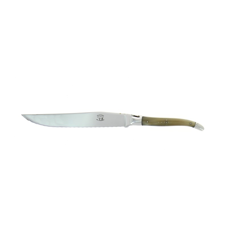 Couteau à pain, en pointe de corne claire, mitres inox, finition brillante