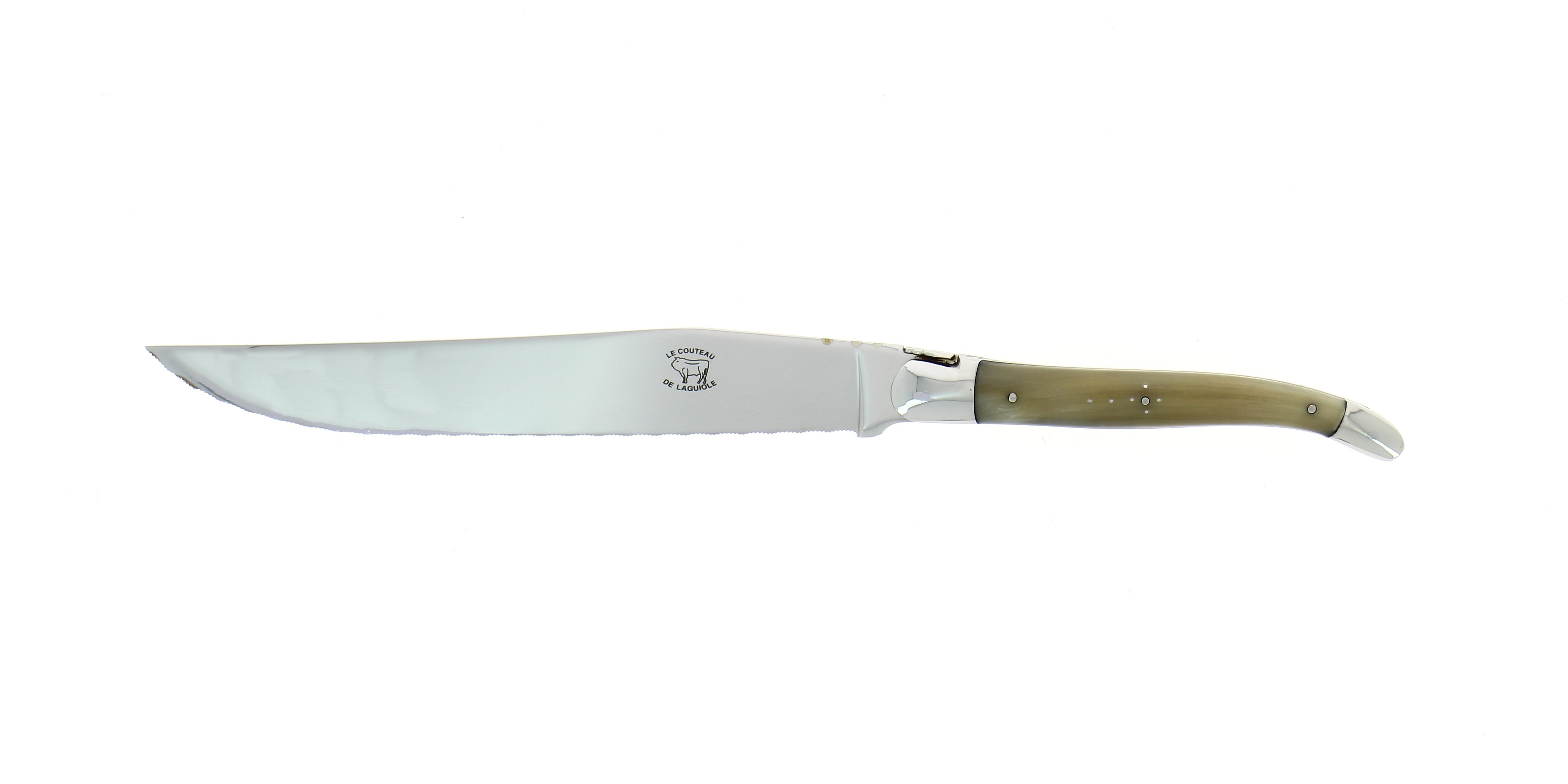 Couteau à pain, en pointe de corne claire, mitres inox, finition brillante