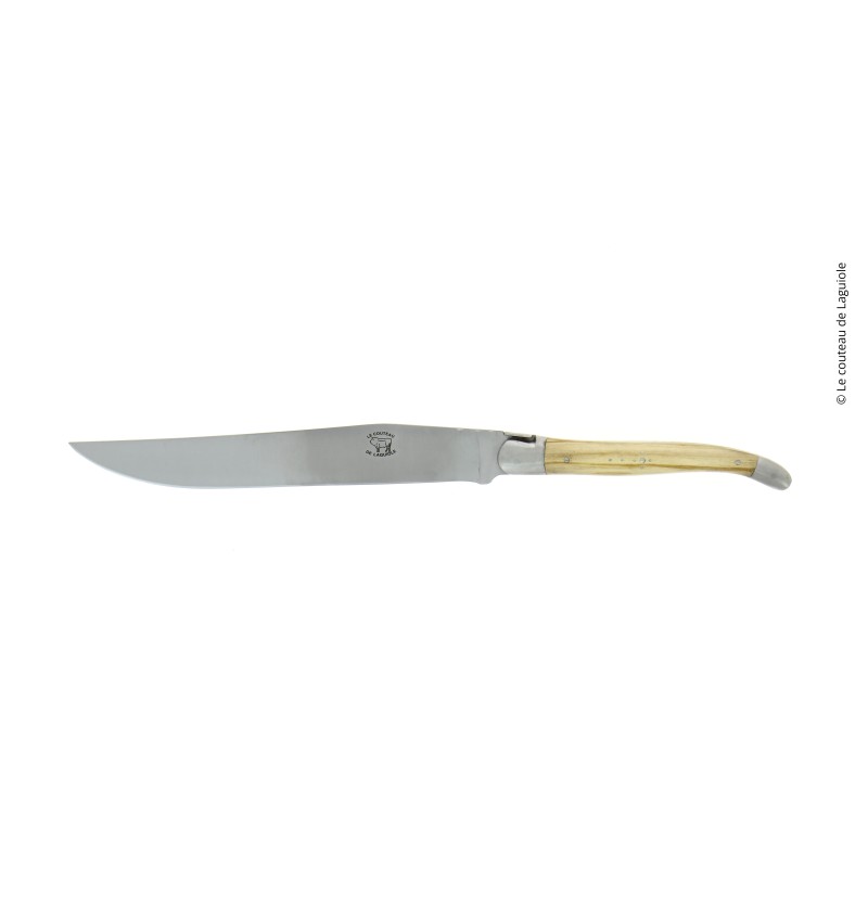 Couteau à découper, en olivier, mitres inox, finition satinée