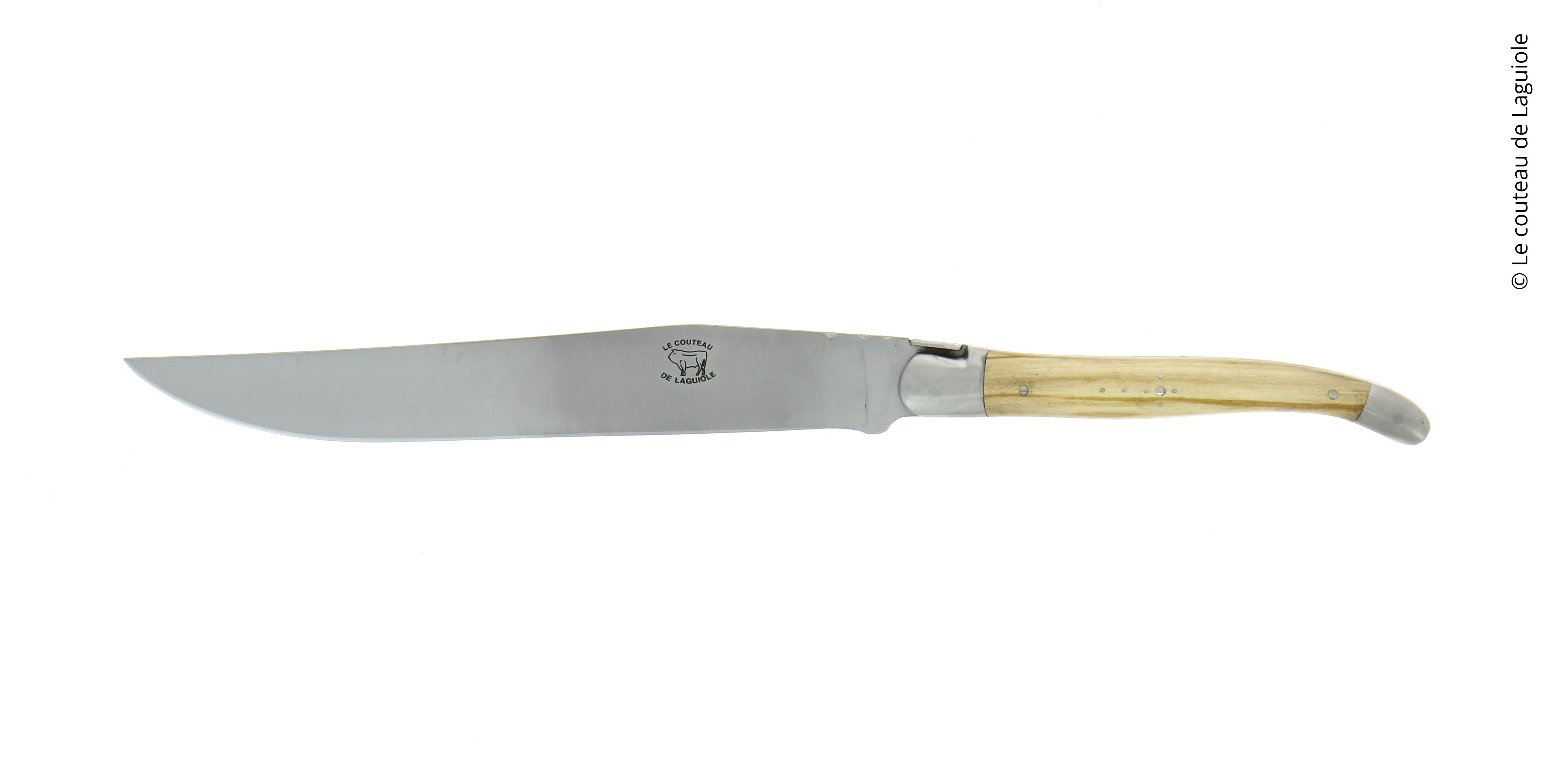 Couteau à découper, en olivier, mitres inox, finition satinée