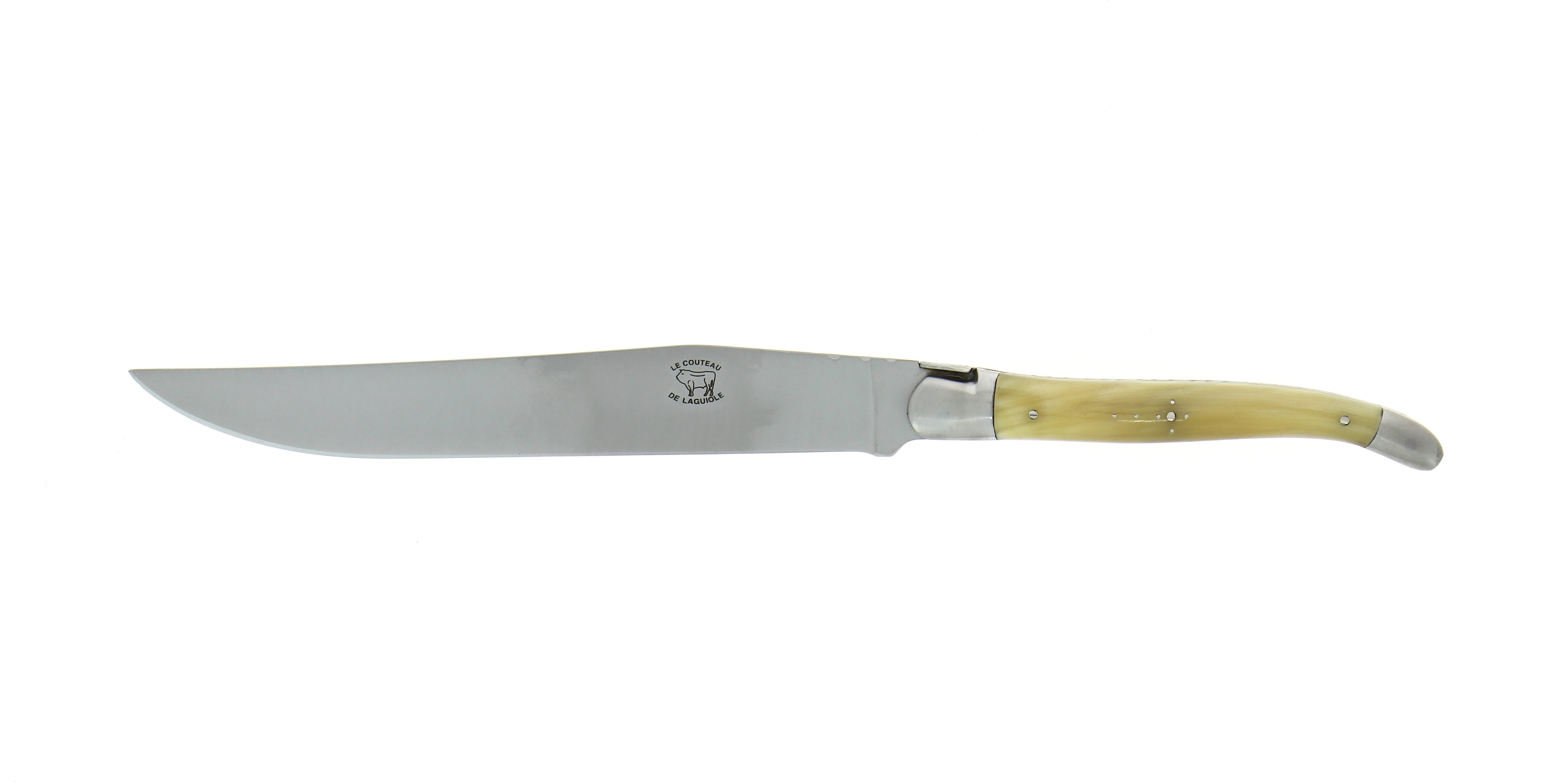 Couteau à découper, en pointe de corne claire, mitres inox, finition satinée