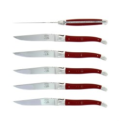 Le coffret de 6  couteaux de table de Laguiole, en tissu coloré rouge mitres inox finition brillant
