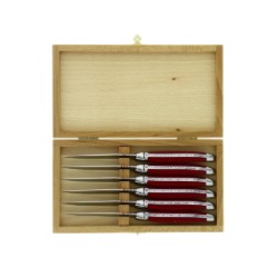 Le coffret de 6  couteaux de table de Laguiole, en tissu coloré rouge mitres inox finition brillant