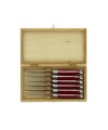 Le coffret de 6  couteaux de table de Laguiole, en tissu coloré rouge mitres inox finition brillant