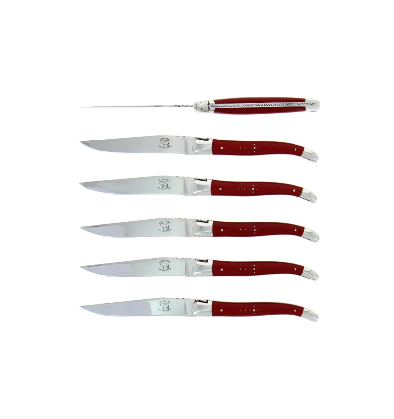 Le coffret de 6  couteaux de table de Laguiole, en tissu coloré rouge mitres inox finition brillant