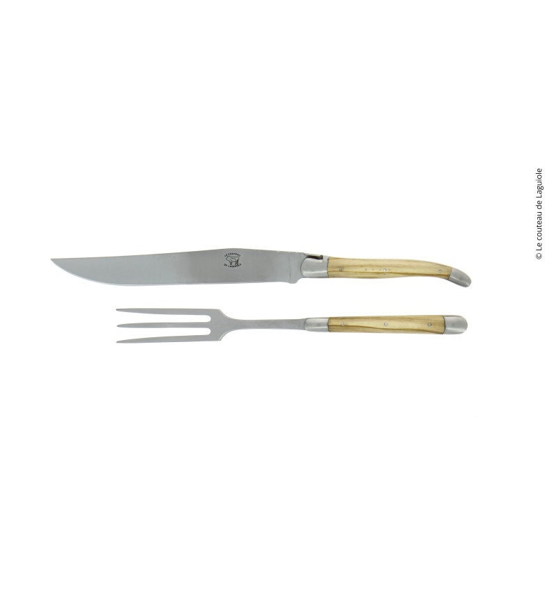 Service à découper, en olivier, mitres inox, finition satinée