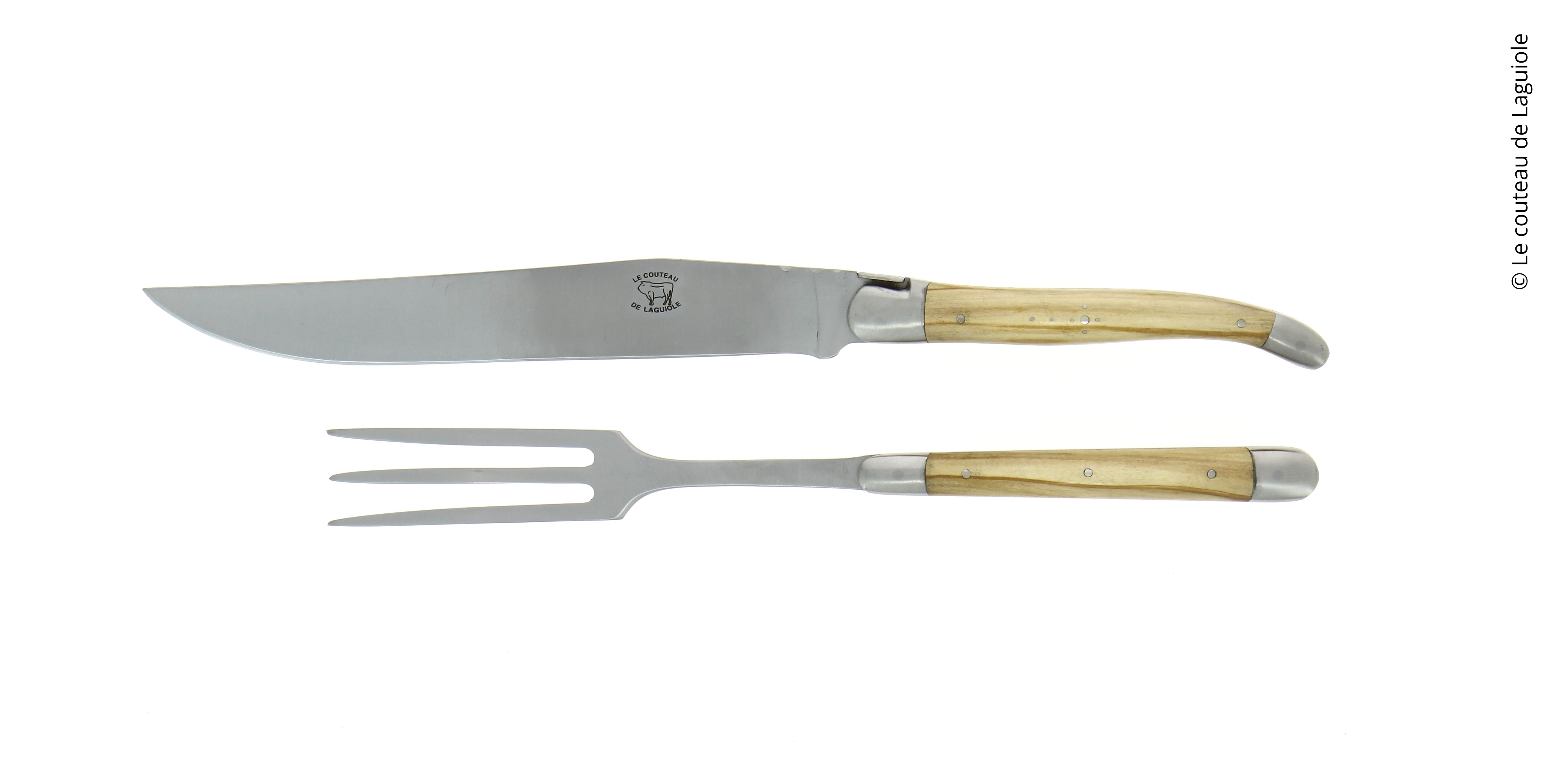 Service à découper, en olivier, mitres inox, finition satinée