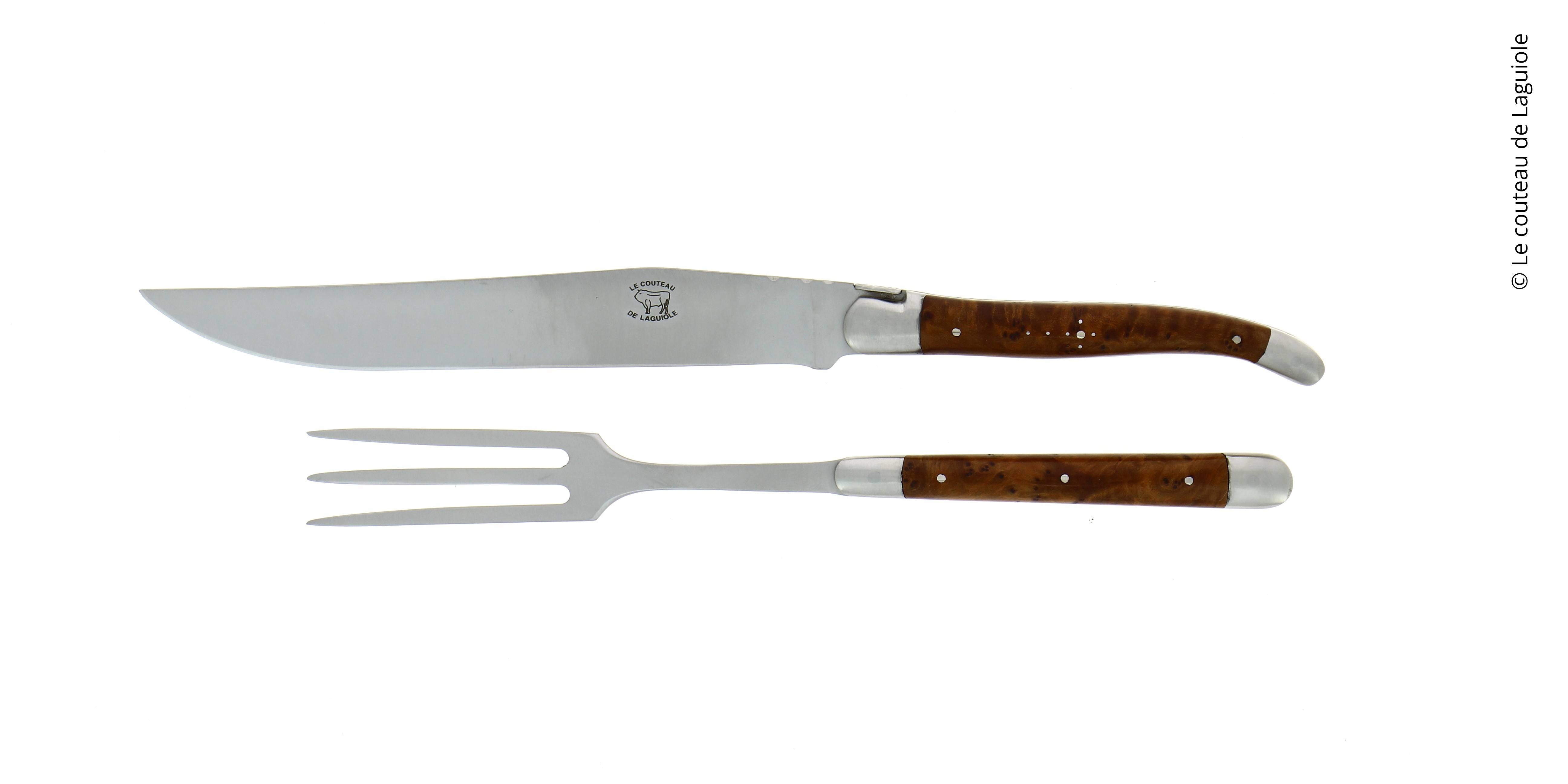 Service à découper, en thuya, mitres inox, finition satinée